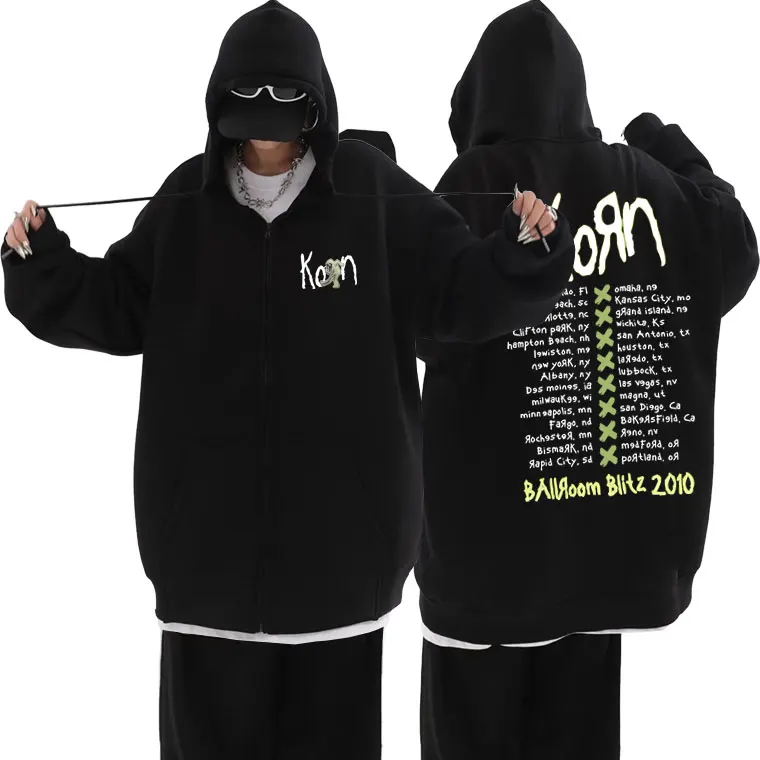 Classic Rock Band Korn Ballroom Blitz 2010 Zipper Hoodie Male Vintage Oversized Zip Up Jacket Men Women Fleece Cotton Hoodies