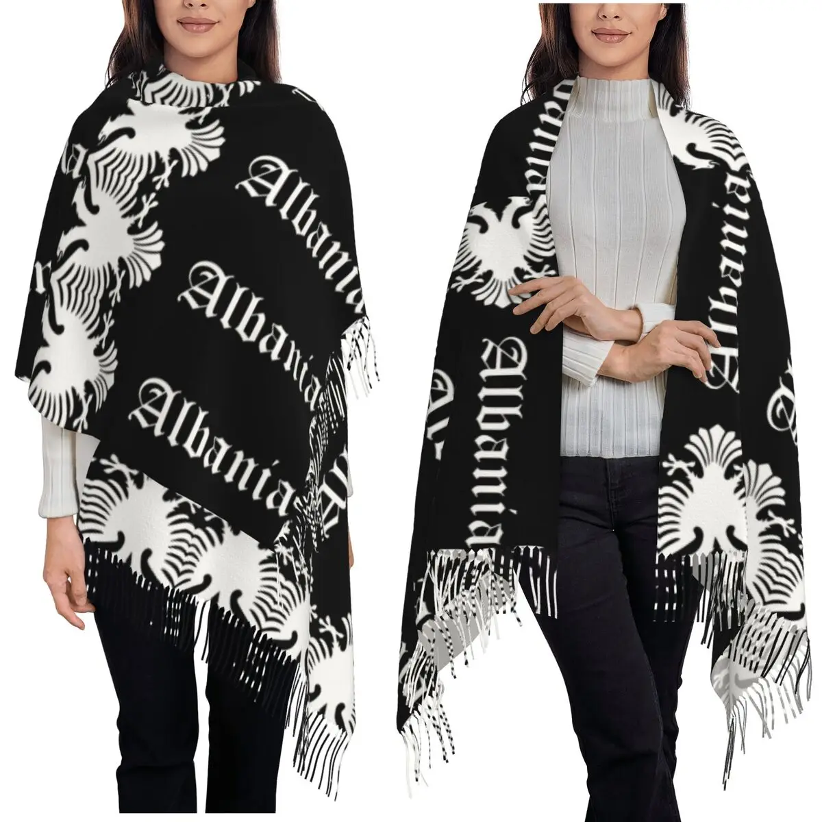 

Retro Albania Flag Albanian Eagle Scarf Tassel Scarves Women Soft Warm Shawls and Wraps Long Fall Winter Shawl Wrap