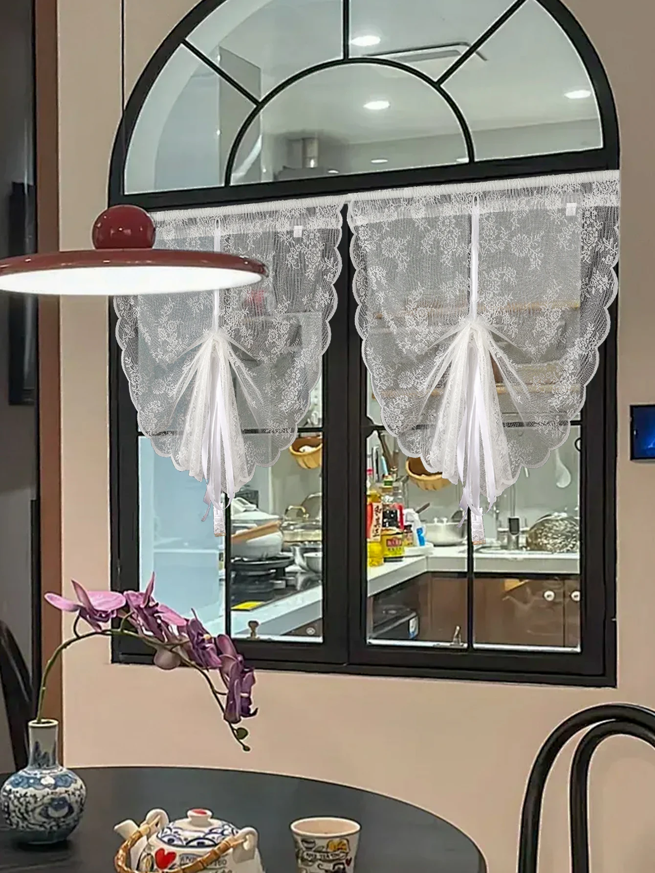 1PC White Lace Lift Curtains Living Room Kitchen Window Decorative Blocking Tulle Small Curtains