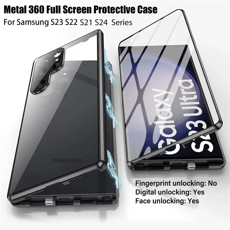 

360 Metal Frame Double Sided Glass Snap Lock Magnetic Case For Samsung Galaxy S24 S23 FE S22 Ultra S25 Plus Full Lens Protection