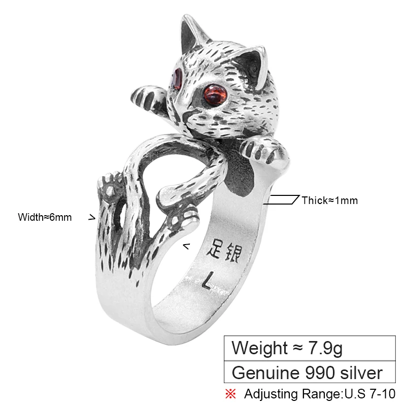 ZABRA 990 Sterling Silver Cat Ring for Men and Women, Ancient French Niche Tail Ring, Open Ring, New Style