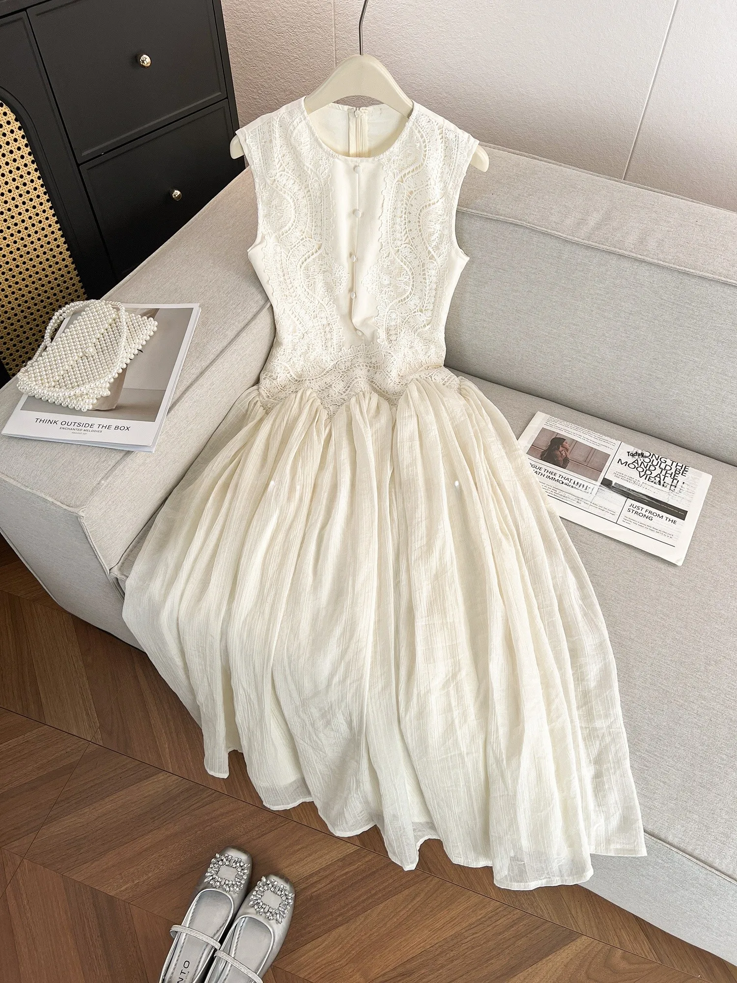 Ele Summer New Sle Gentle Wind Dimagrante Lace Splice Svel Vest Dr Vita stretta Scava fuori l Vita morbida