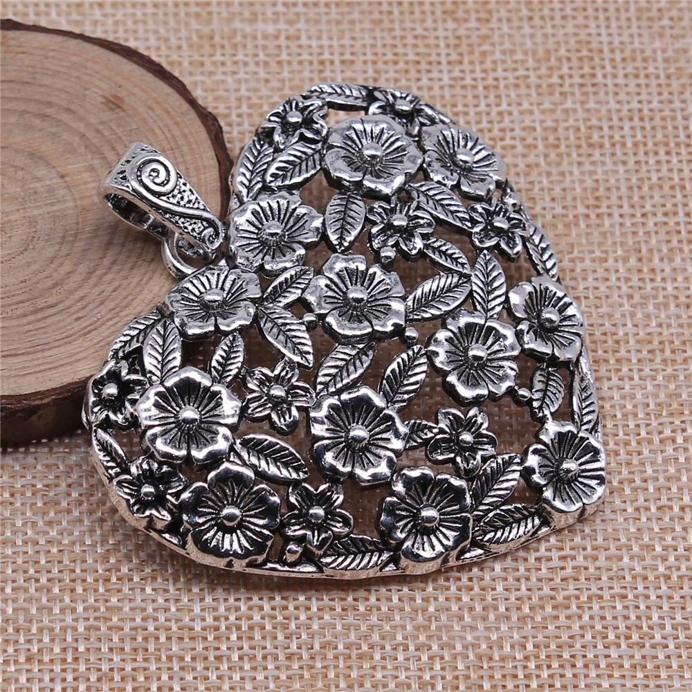 WYSIWYG 1pcs 67x58mm Antique Silver Color Hollow Flower Heart Charms Pendant For Jewelry Making DIY Jewelry Findings