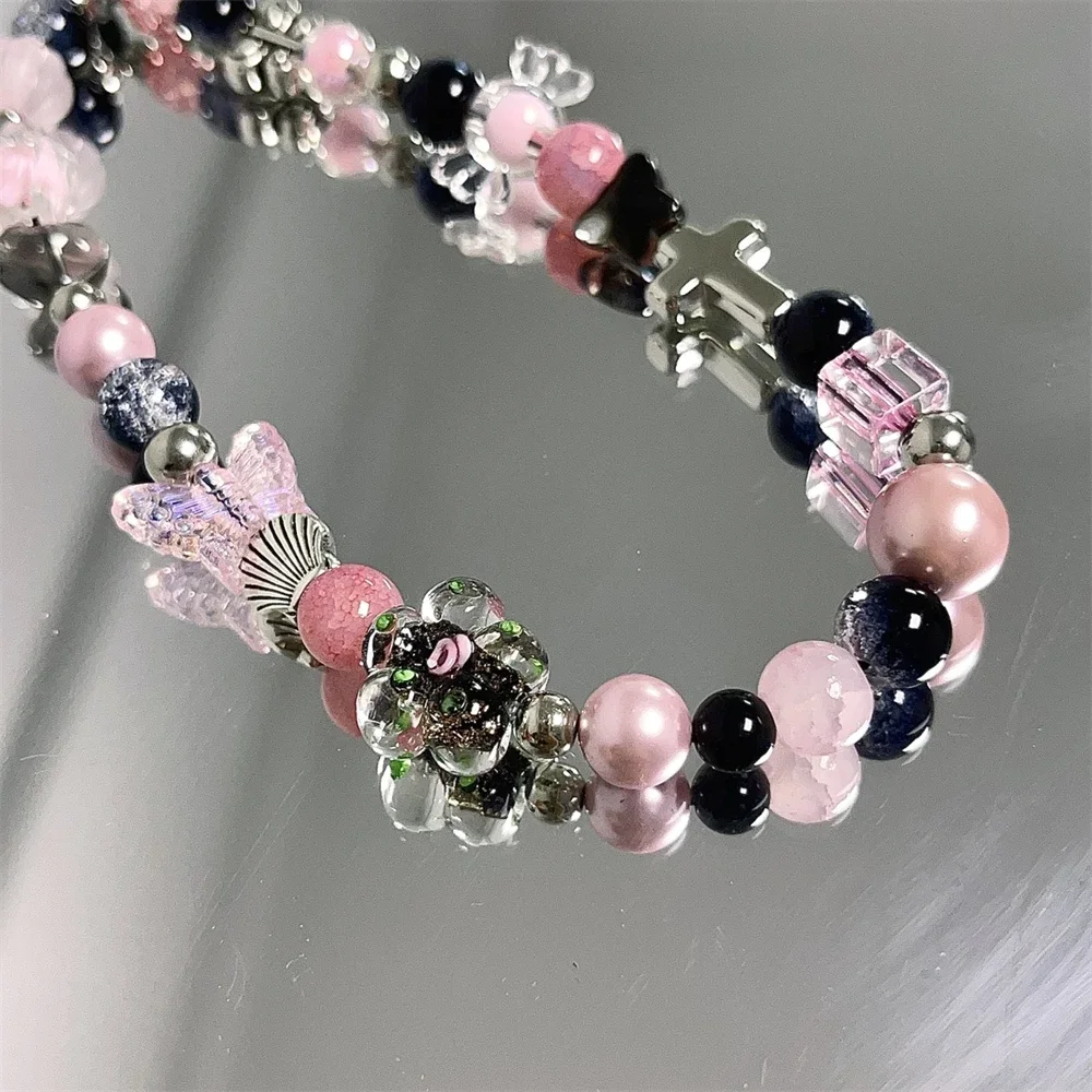 Korea Y2K Pink Beaded Flower Candy Butterfly Bracelet Phone Chain Pendant For iPhone Universal Accessories Chain Stylish Jewelry