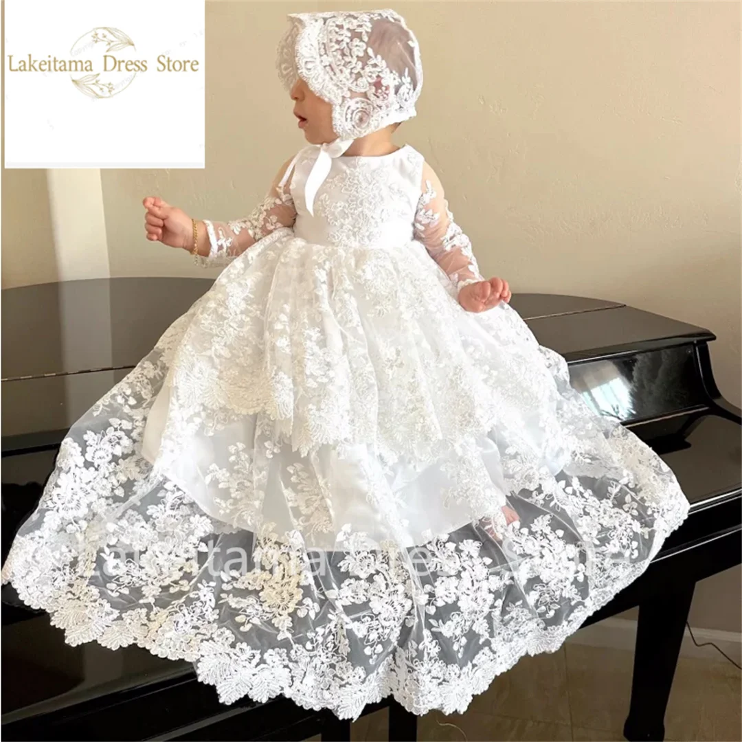 White Flower Girl Dresses Lace Appliques With Bow Long Sleeve For Wedding Birthday Party First Communion Gowns