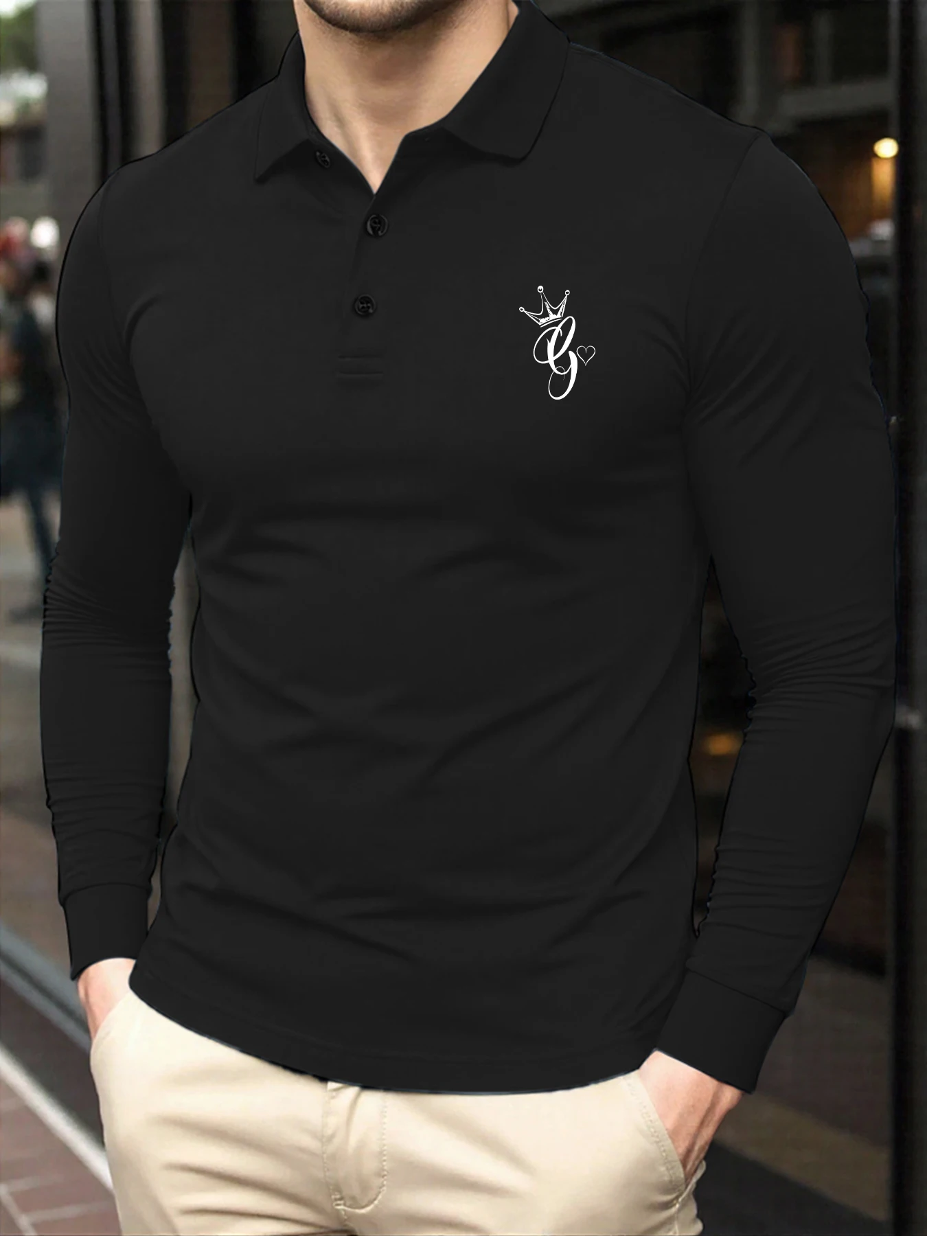 

Мужские топы с простым принтом Crown Heart Letter G, удобная деловая одежда, повседневные однотонные рубашки поло, модная спортивная одежда с длинными рукавами