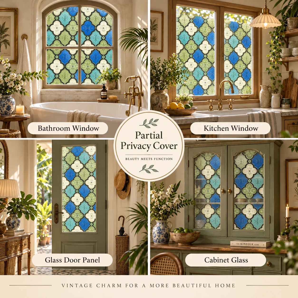 Vintage Stained Glass Window Film Static Cling Privacy Cover Decorative Glass Sticker for Bathroom Kitchen Door Cabinet