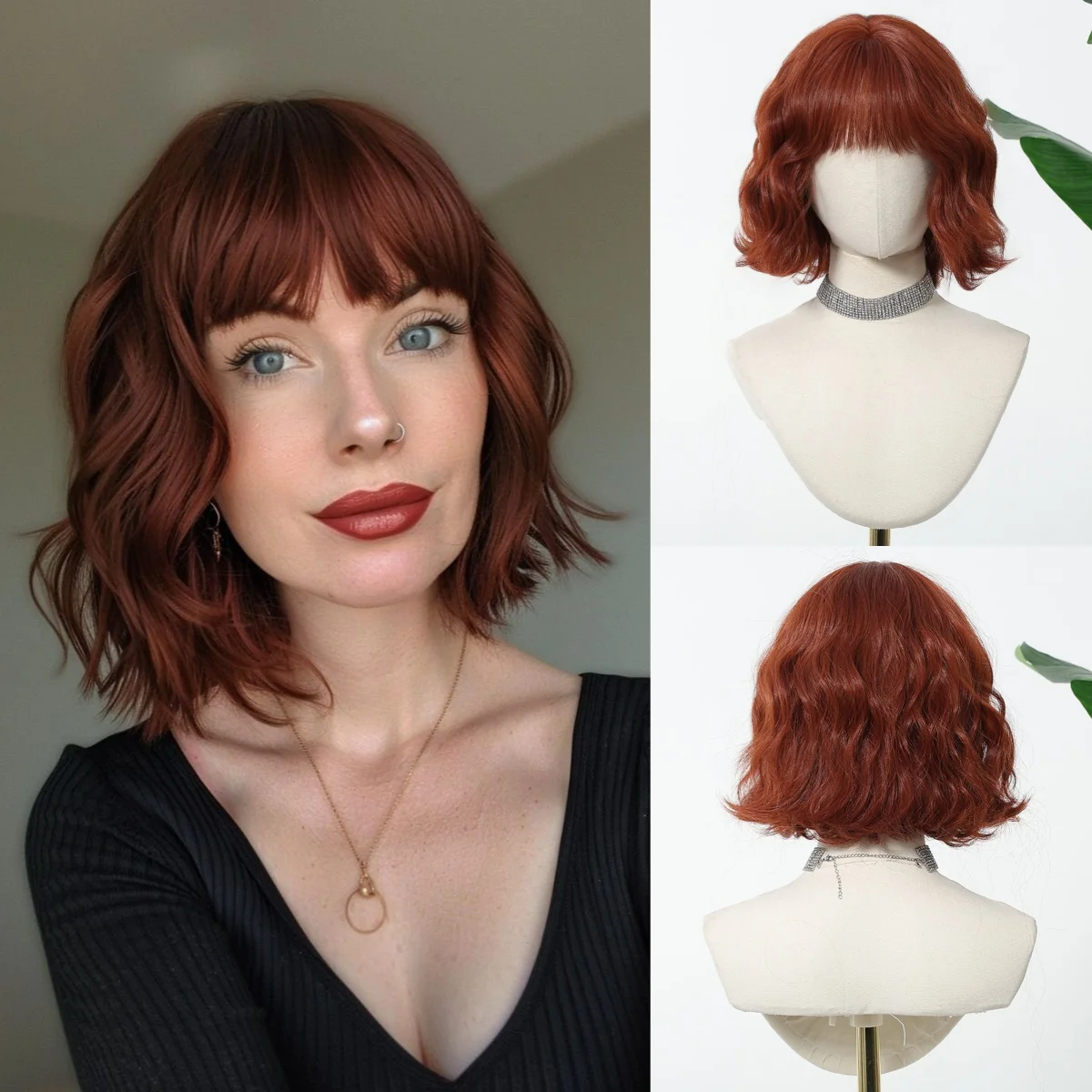 

HENRY MARGU Red Ginger Synthetic Wigs for Women Short Wavy Wig with Bangs Realistic Fake Hair Natural Looking Daily Party