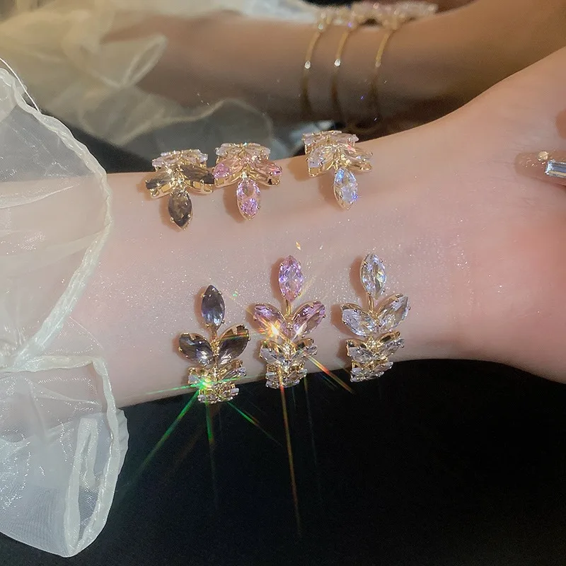 Luxurious Delicate Zircon Leaf Gold Color Open Bracelets for Women New Fashion Shiny Colorful Bangles Wedding Jewelry Gift