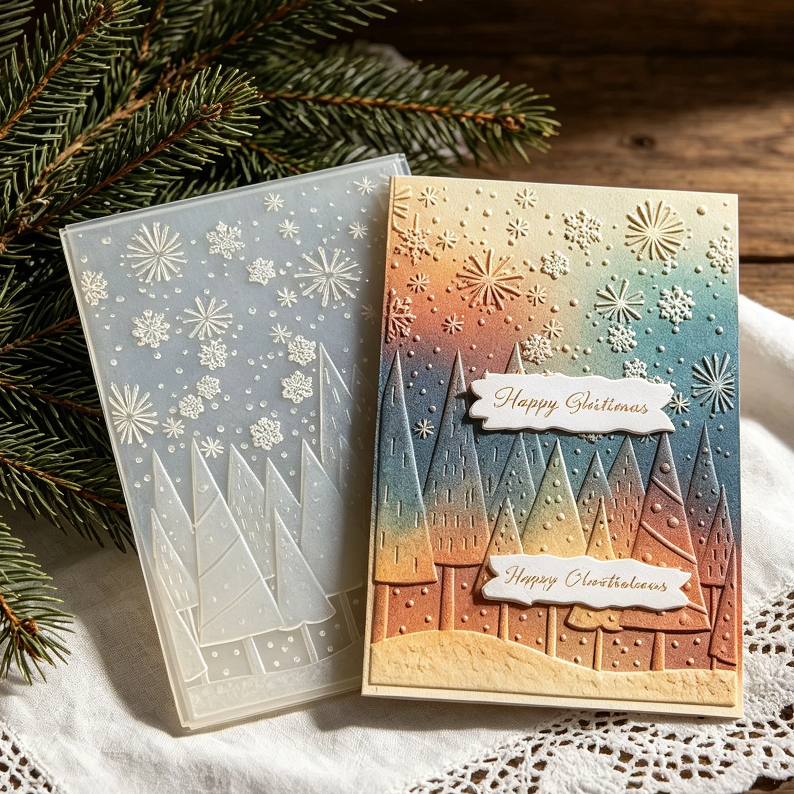 Christmas Snowscape Embossed Board Pine Tree Snowflake Pattern Embossed ...