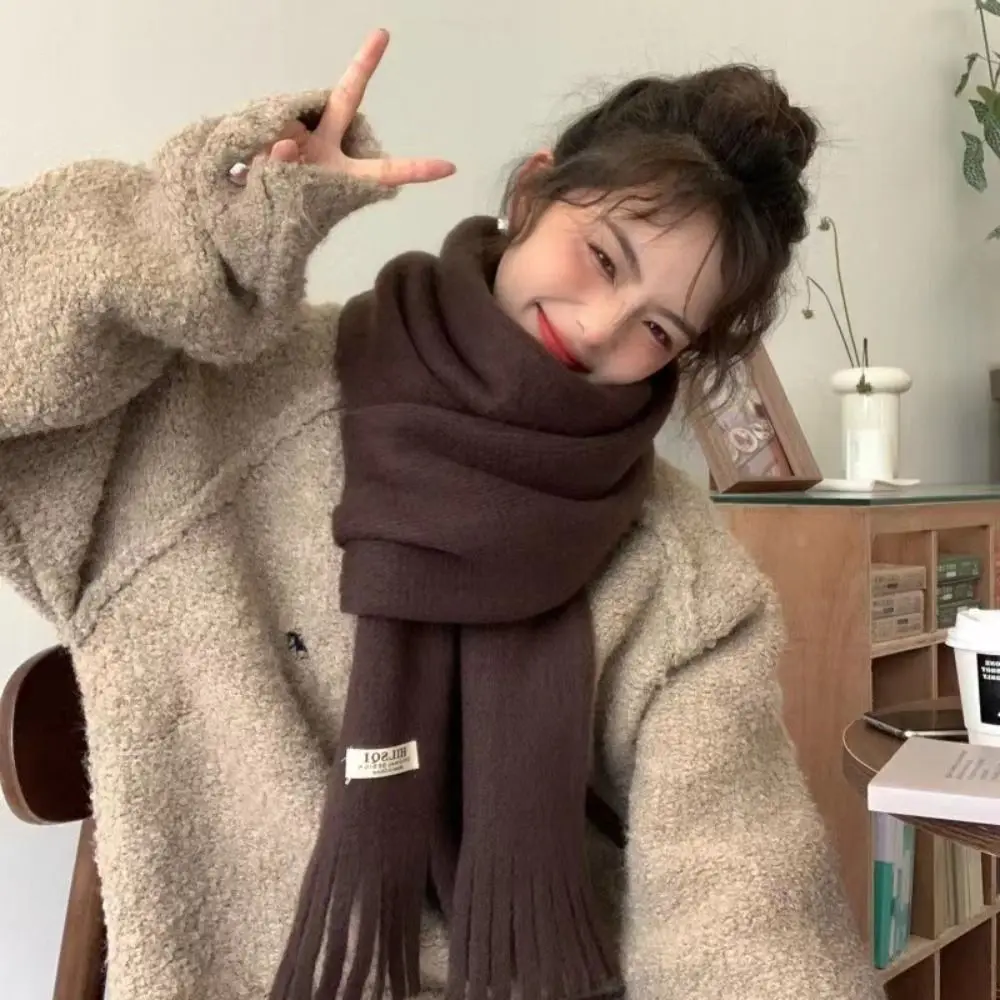 New Warm Winter Cashmere Scarf Solid Color Knitted Long Tassel Scarves Thickened Soft Shawl Wrap Women