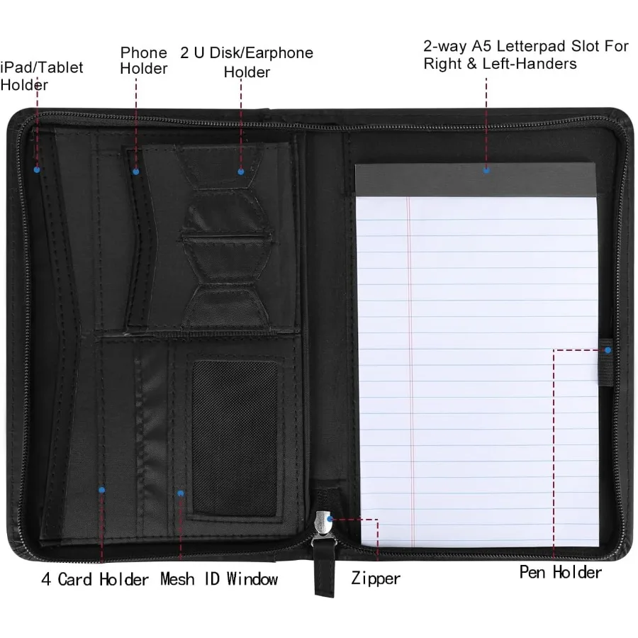 Junior Padfolio Portfolio with 5 x 8 Writing Pad A5 Business Portfolio Binder Folder Organizer MultiFution Combition Case for W