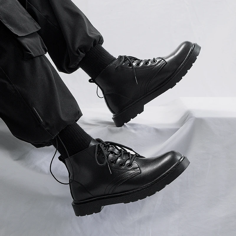 

Men's Boots High Top Casual Leather oes Workwear Bla Trendy ort Boots Briti Sle round Toe Rubber Outsole