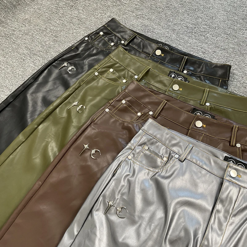 Ricamo Star Moon THUG CLUB Pantaloni in pelle Uomo Donna Street Semplice Logo in metallo Pantaloni lunghi a gamba dritta Stile coreano Harajuku