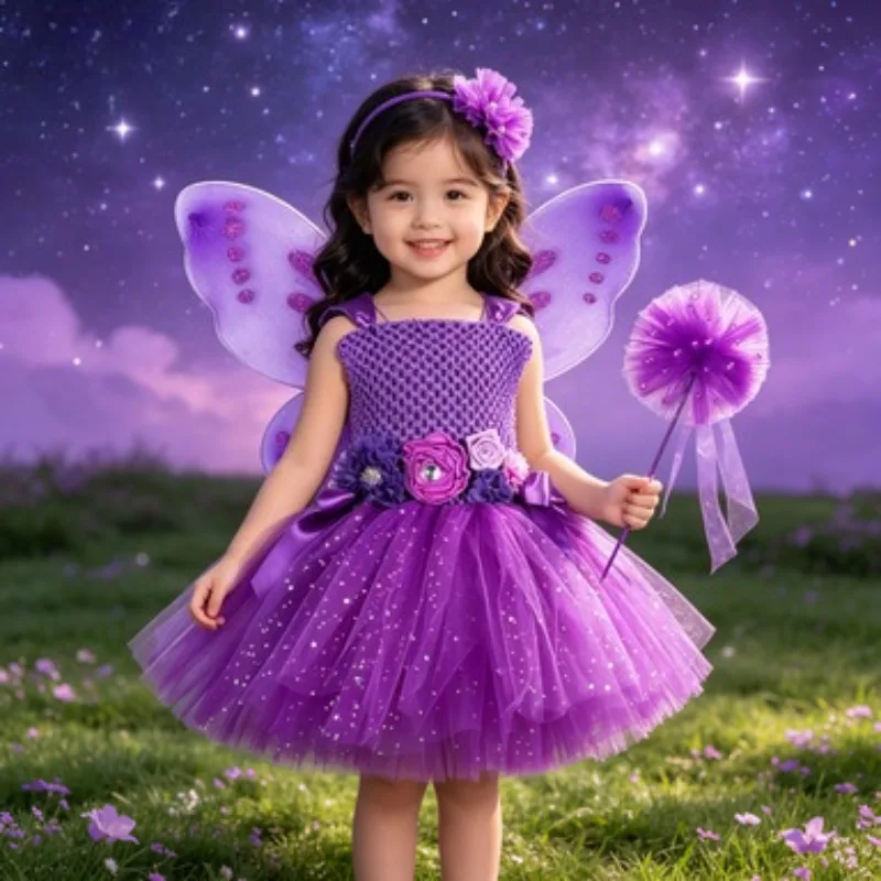 Purple Sparkling Fairy Tutu Dress for Baby Girls, Kids Christmas Party Outfit, New Year，Princess Style Birthday Gown with Wings