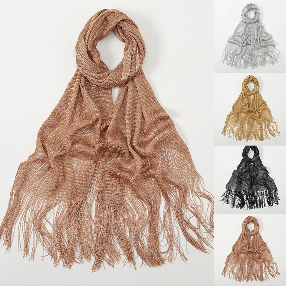 Summer Fashion Thin Shiny Tassel Shawl Sunscreen Long Scarves Hollow Mesh Fringed Wraps Shawl Gold Silver Bright Silk Scarf Soft