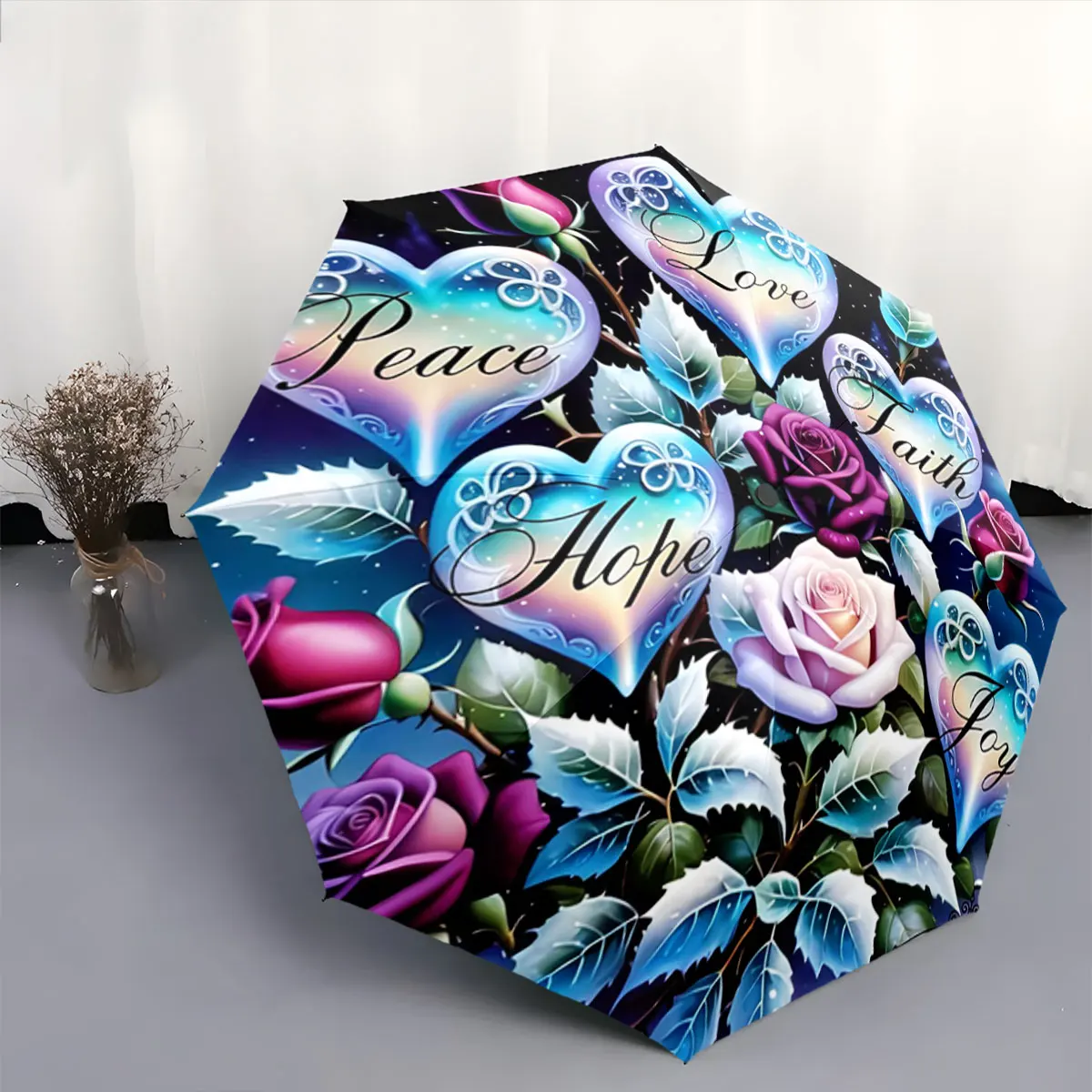 Fantasy Rose Bouquet with Heart Messages: Love, Peace, Faith portable waterproof sun rain umbrella for outdoor travel beach