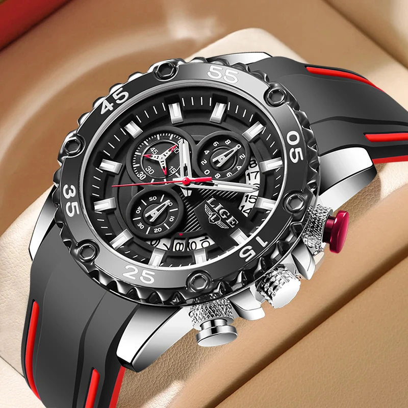 

Мужские наручные часы LIGE Outdoor, ретро-дизайн, силиконовый ремешок, повседневные спортивные часы с календарем, большой циферблат, водонепроницаемые, светящиеся, кварцевые, в коробке.