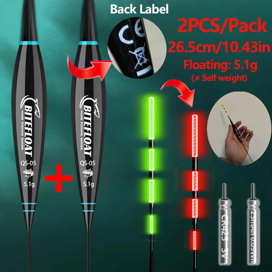 Bite Float 2026 Neues 2er-Set Nachtangel-Posenflöten, kurze, auffällige Felsenangel-Posenflöten mit CR425-Batterie, leuchten nachts