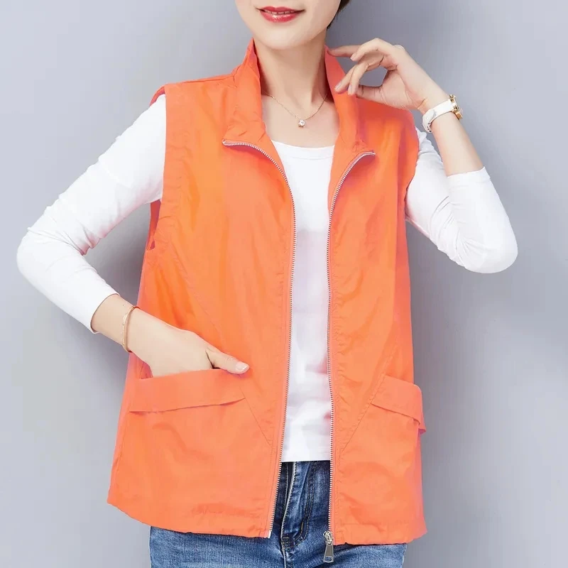 Black Casual Lightweight Vest 2024 Loose Sun Protection Waistcoat Lapel Short Sleeveless Jackets Solid Color Women\'s New Chaleco