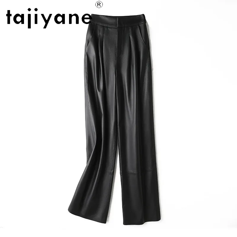 TAJIYANE Genuine Leather Pant Sheepskin Black Wide Leg Pants of Women High Waist Woman Pants Slimming Straight Pantalon Femme