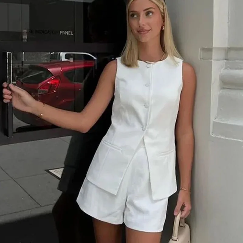 Biała kamizelka Kobieta Biuro Dama Bez rękawów Okrągły dekolt Casual Solidny garnitur Długie kamizelki Streetwear 2025 Nowe letnie kamizelki zapinane na guziki w kolorze czarnym