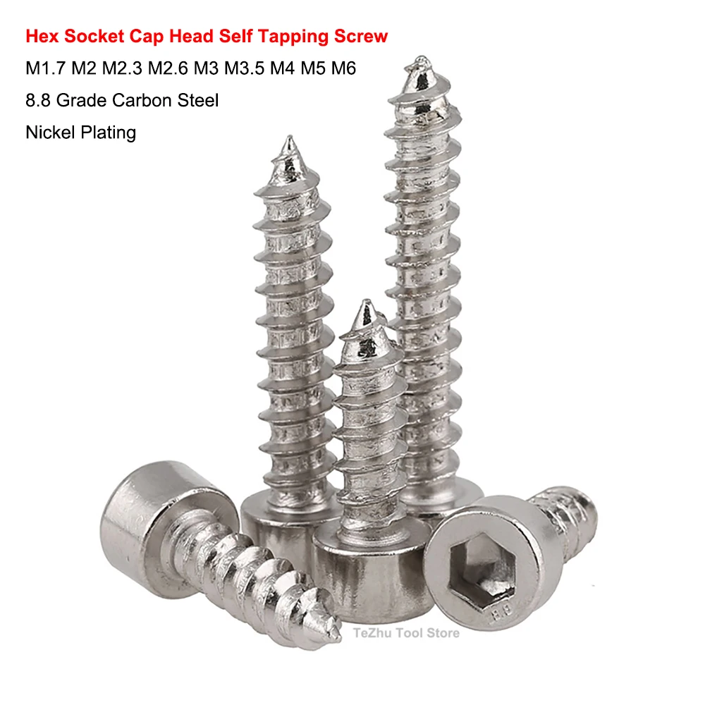 

M1.7 M2 M2.3 M2.6 M3 M3.5 M4 M5 M6 Nickel Plating Hex Hexagon Socket Cap Head Self Tapping Screw 8.8 Grade Carbon Steel