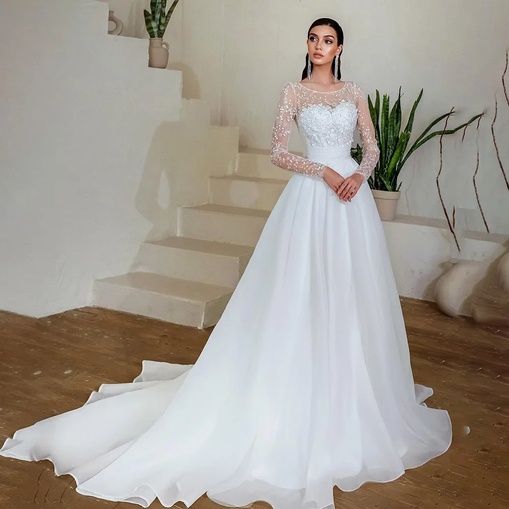 

Sheer Neck Appliques Lace Chiffon Wedding Dress for Women A-line Court Bow Wedding Bridal Gown wtih Long Sleeve vestidos de