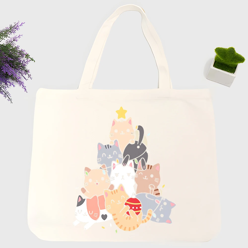 Women's cute cat graphic canvas tote bag, casual style for daily shopping and weekend outings