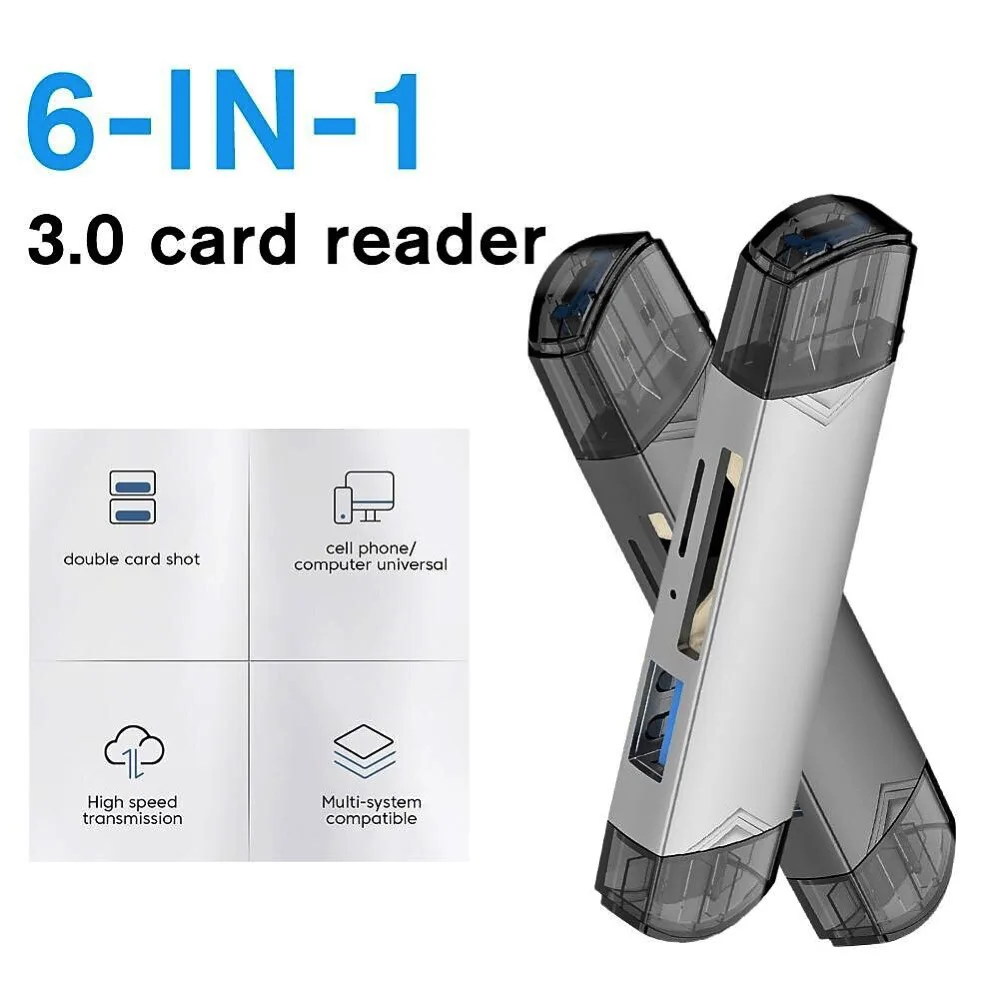 6 In 1 USB Card Reader Mobile Phone Computer Universal USB/Micro/USB-C Quickly Loaded 2TB Memory Card Plug And Play Support OTG