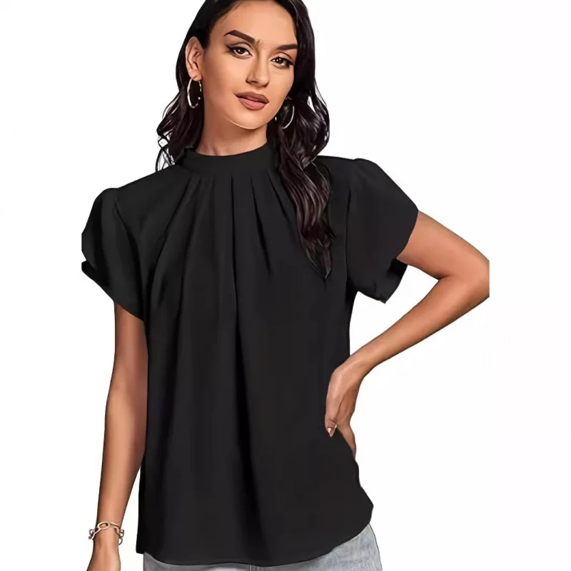 

2025Hot New Women's Elegant Basic Pleated Wrap Short Sleeve Curved Keyhole Back Shirt Top