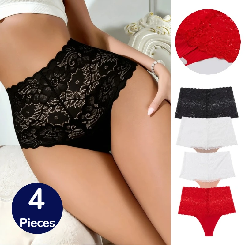 BZEL 4 Stück Damen-Höschen mit hoher Taille, modische Spitze, weibliche Tangas, süße Blumen, sexy Dessous, bequem, atmungsaktiv, G-Strings, Sale