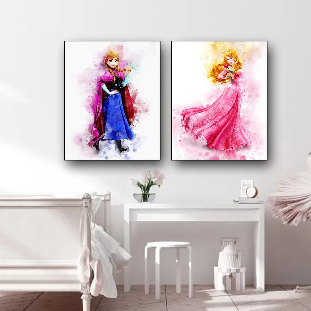   ديزني شخصية كرتونية الجدار ملصق فني سنو وايت الأميرة إلسا ديكور المنزل غرفة المعيشة الفتيات غرفة قماش اللوحة هدية