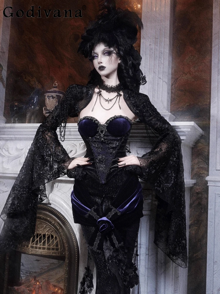 

Halloween Cos Women's Outfits Autumn New Original Heavy Industry Gothic Dark Velvet Tube Top Long Mermaid Skirt Waistcoat Set