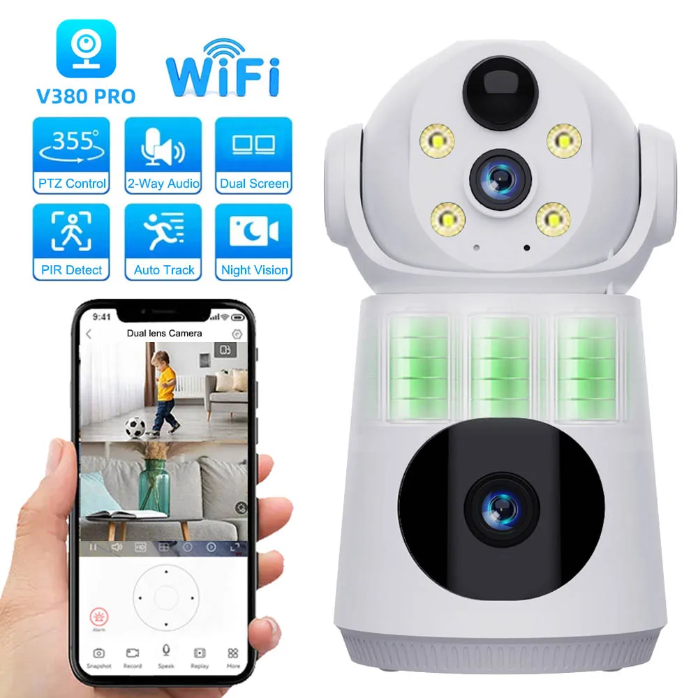 

V380 8-мегапиксельная 4K 4G IP-камера с двумя объективами и двойным экраном, маломощная батарея, радионяня, PIR, камера ночного видения для обнаружения человека