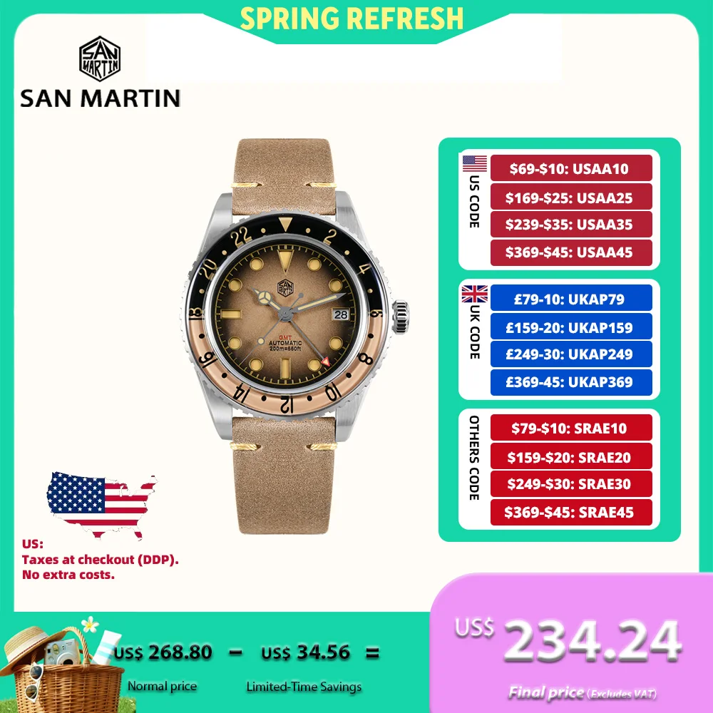 

San Martin 40mm NH34 Retro Gradient Color Dial Men's GMT Watch Automatic Mechanical Sapphire Bezel 20Bar C3 Green Lume SN0134