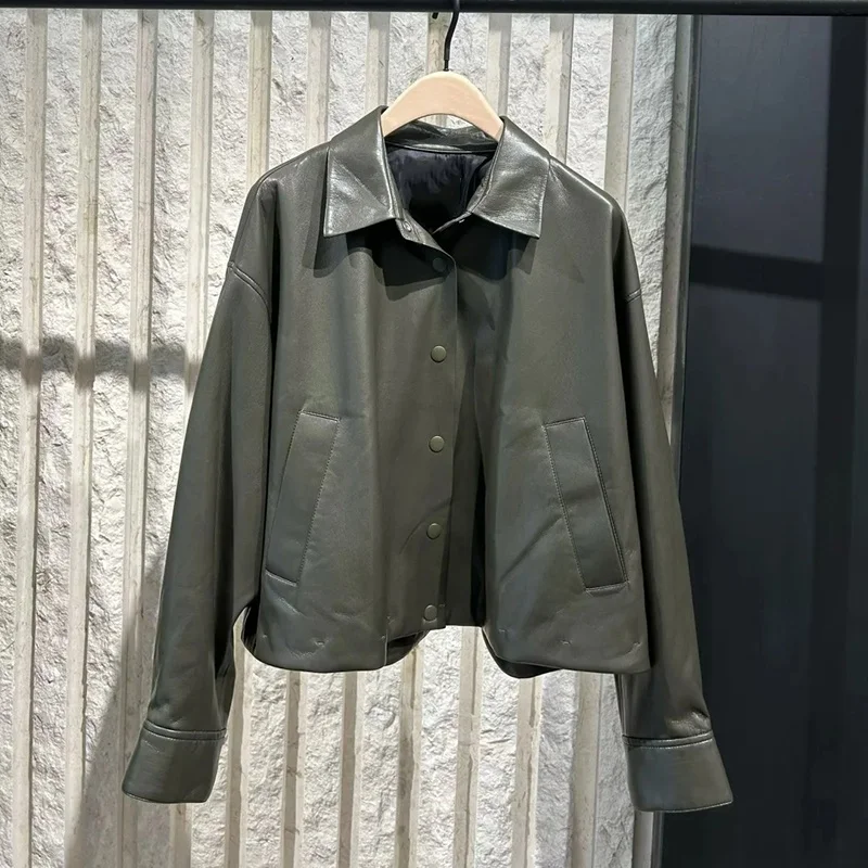 Giacca in Pelle PU con Collo Alto per Donna, Stile Francese, Vestibilità Ampia con Tasche Oblique per l'Autunno