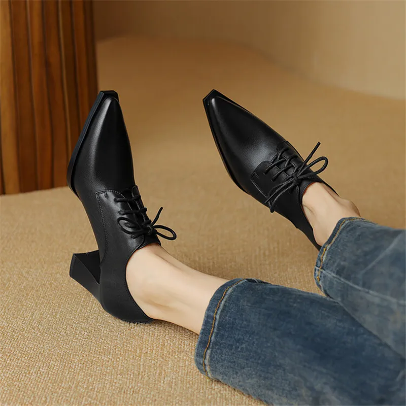 New Spring Cow Leather Women Shoes Pointed Toe Women Pumps Shoes for Women Lace High Heels Zapatos Mujer Loafers Ladies Shoes