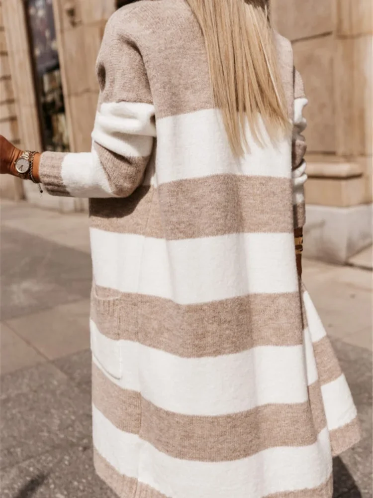 Women Striped Sweater Cardigan Kintted Jacket Spring Autumn 2024 Crochet Loose Long Winter Maxi Warm Jumper Coat Cardigans