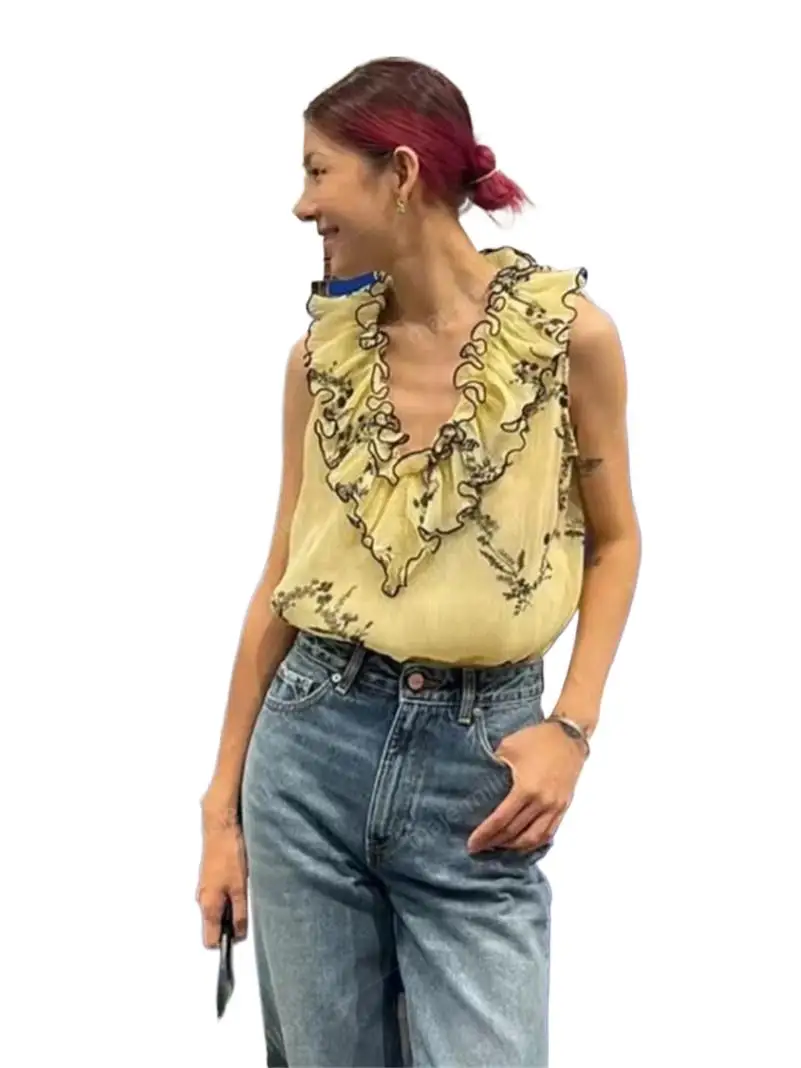 

Summer 2024 Women's Tops Chiffon Design Sense Yellow Print Sexy V-Neck Ruffled Sleeveless Lightweight Vest Chic Shirts Blouses