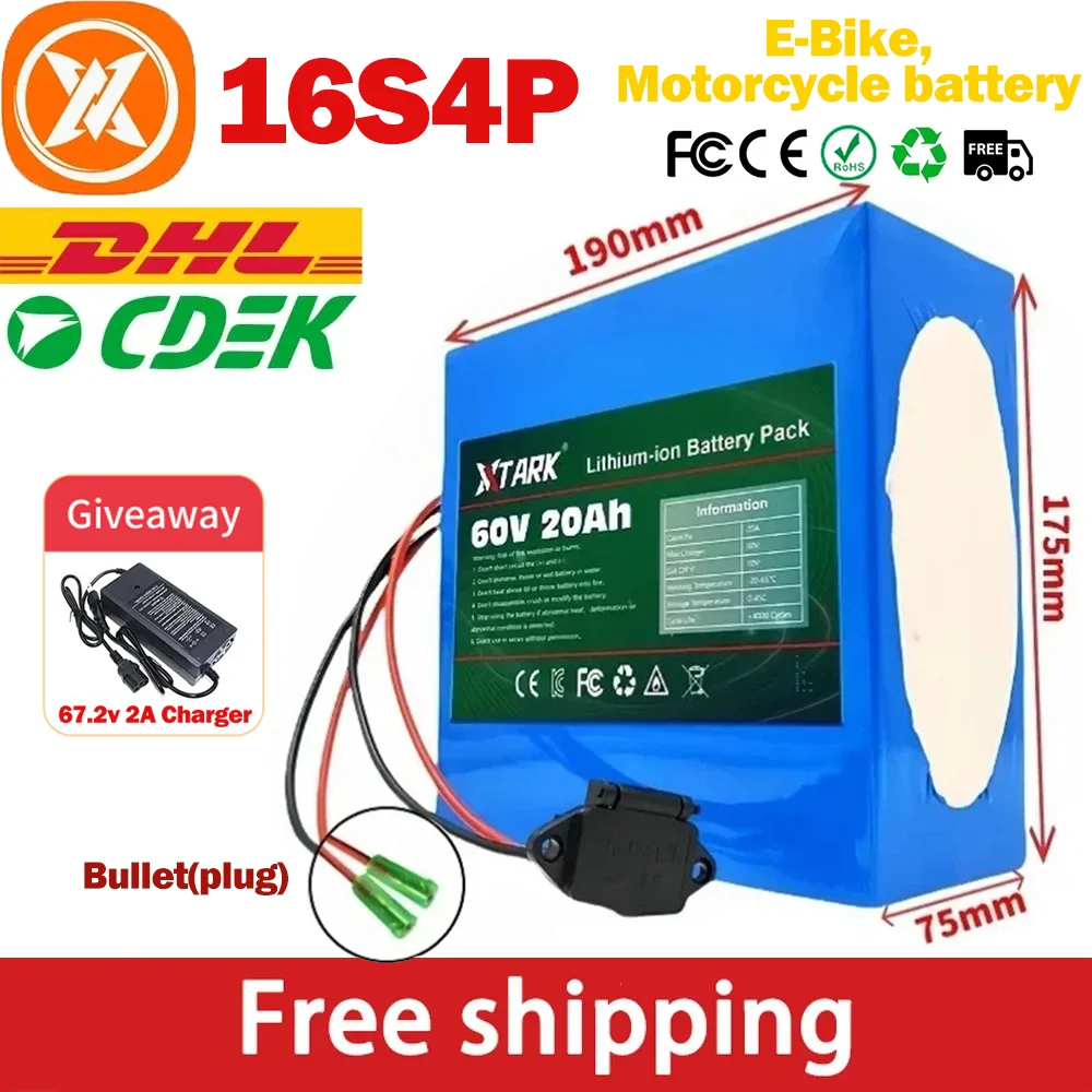 

2024 New upgraded 60V 40Ah high-capacity XT90 plug 16s4p li-ion battery pack with built-in BMS, suitable for E-bike motorcycles