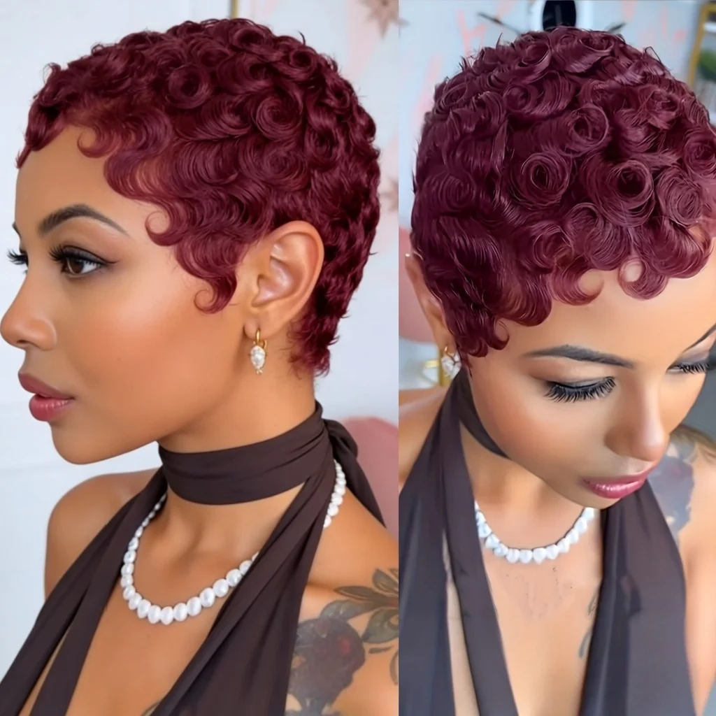 

Женский парик из натуральных волос — короткая кудрявая стрижка «пикси» с челкой | Шапочка-сетка машинной работы с розами | Коротая многослойная волнистая прическа для женщин