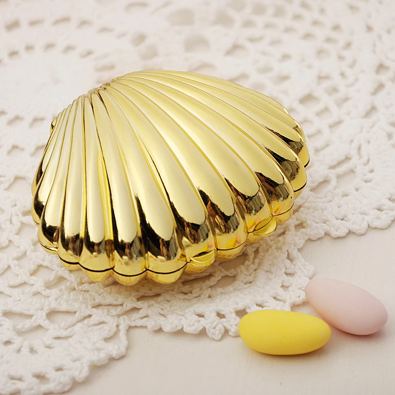 Gold Silver Shell Favor Candy Boxes Wedding Gift Box Biscuit Cookies Packaging Box Jewelry Storage Organizer Party Supplies