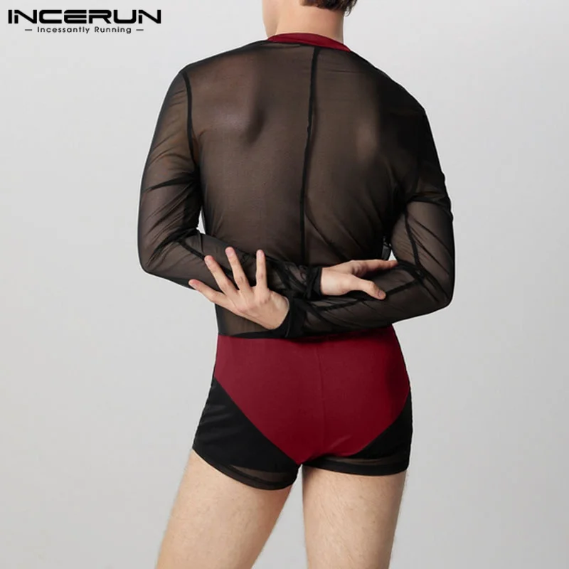 INCERUN 패치 워크 여름 봄 남성 바디 슈트 v 넥 긴 소매 남성 Rompers 섹시한 streetwear 2025 패션 바디 슈트 S-3XL