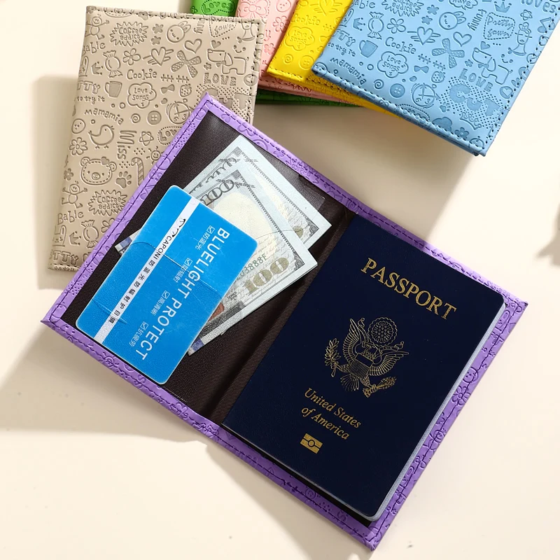 Cute Embossed PU Passport Cover, Portable Travel Passport Holder Wallet Card Protector Case