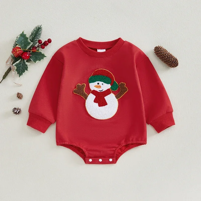 Baby Boys Girls Christmas Romper Snowman/Tree Embroidery Crew Neck Bubble Jumpsuit for Newborn Clothes