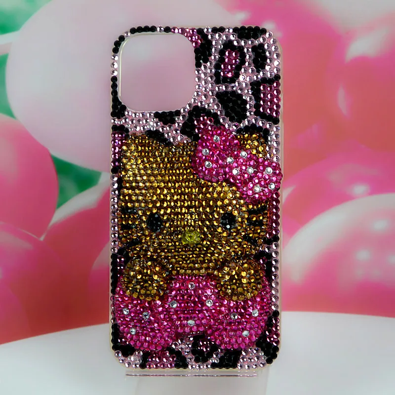 لطيف أبل جراب هاتف حجر الراين Y2K مرحبا كيتي آيفون 17 16 15 14Pro ماكس أنيمي ليوبارد طباعة الفتيات الراقي صديقة هدية