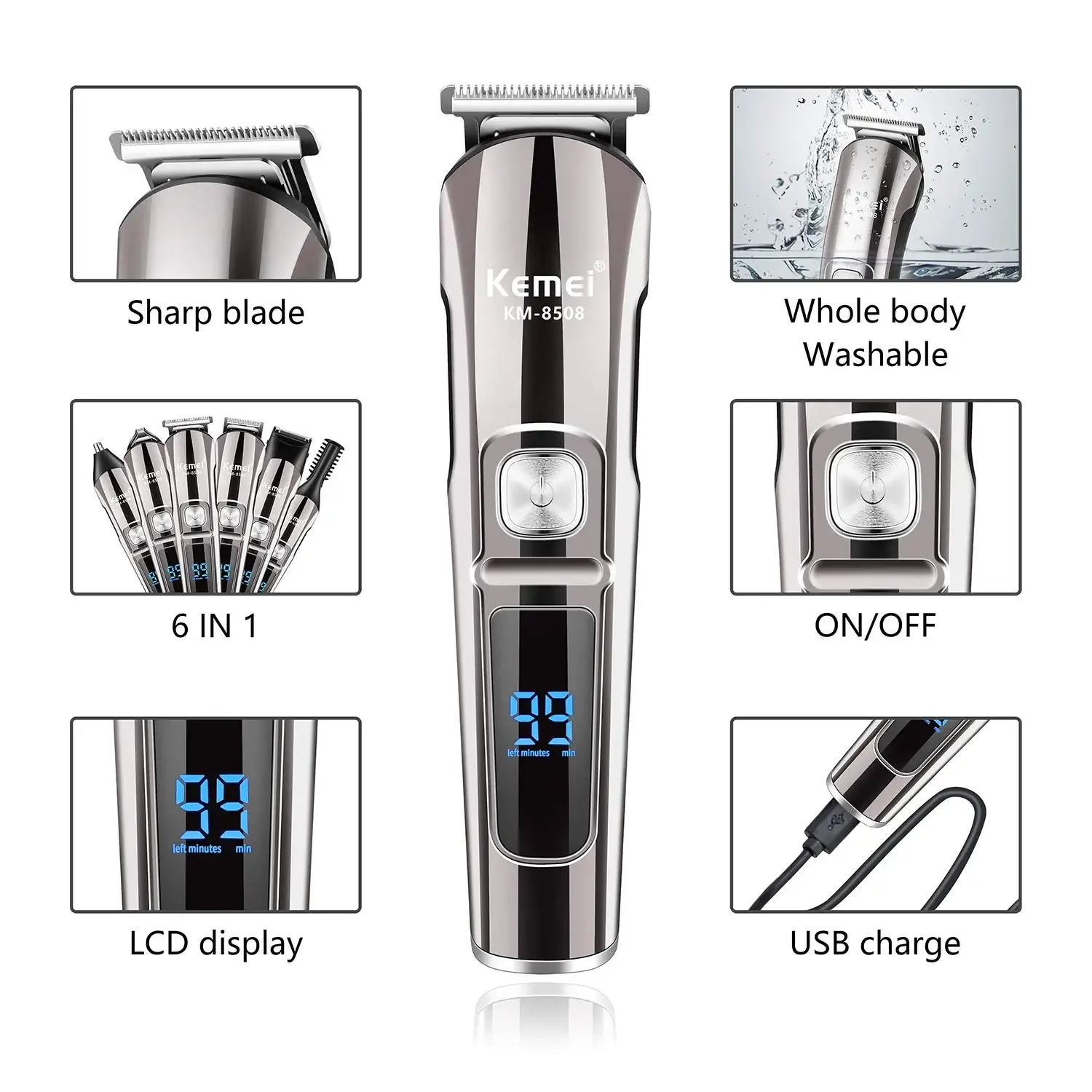 Kemei Professional Multifunction Beard Hair Trimmer Waterproof 6 In 1 Hair Clipper Electric Razor For Men Grooming Kit KM-8508 view 3