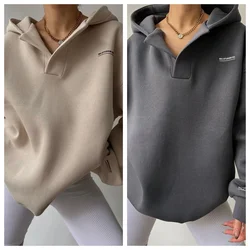 Spring Women Hoodie Grey Hooded Long Sleeve V-neck Velvet Warm Sweatshirt Female Summer New Trendy Korean Ladies Clothes