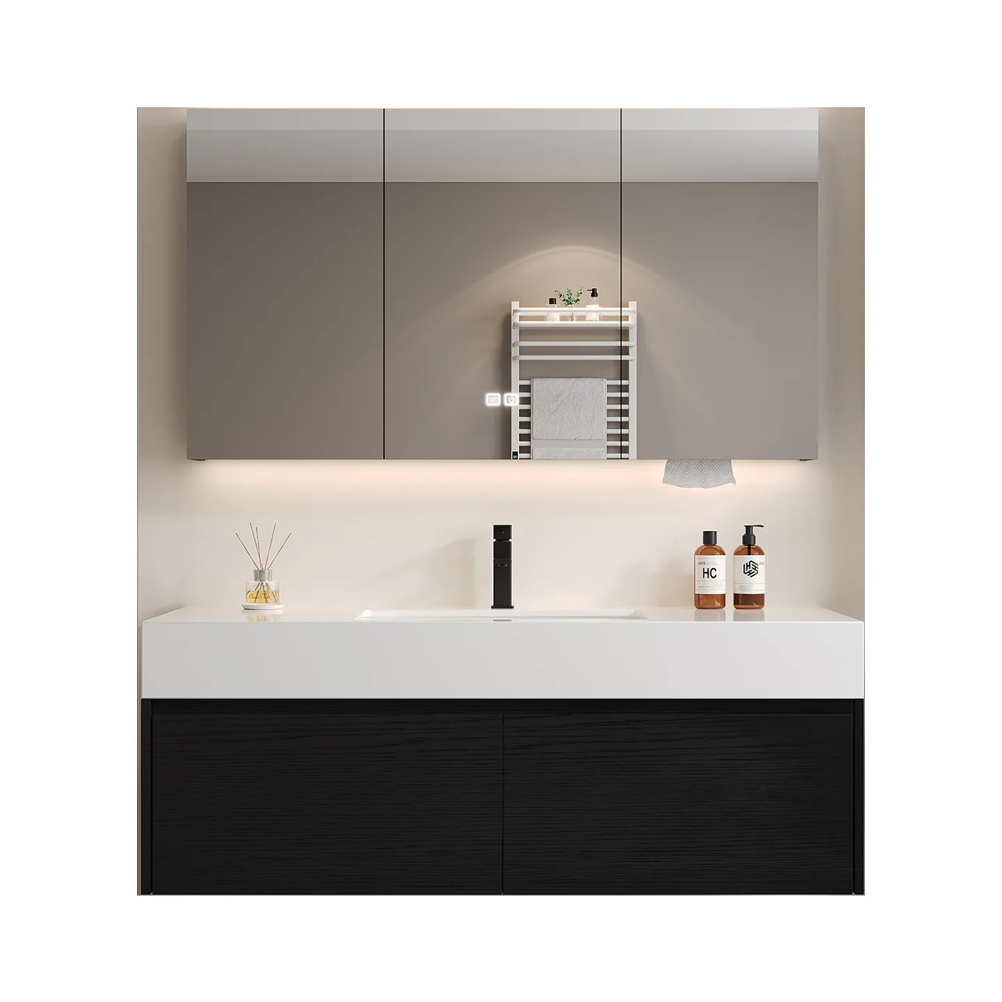 

Многофункциональный умный шкаф для ванной HYS из массива дерева с керамической раковиной и подвесной столешницей, тумба под унитаз